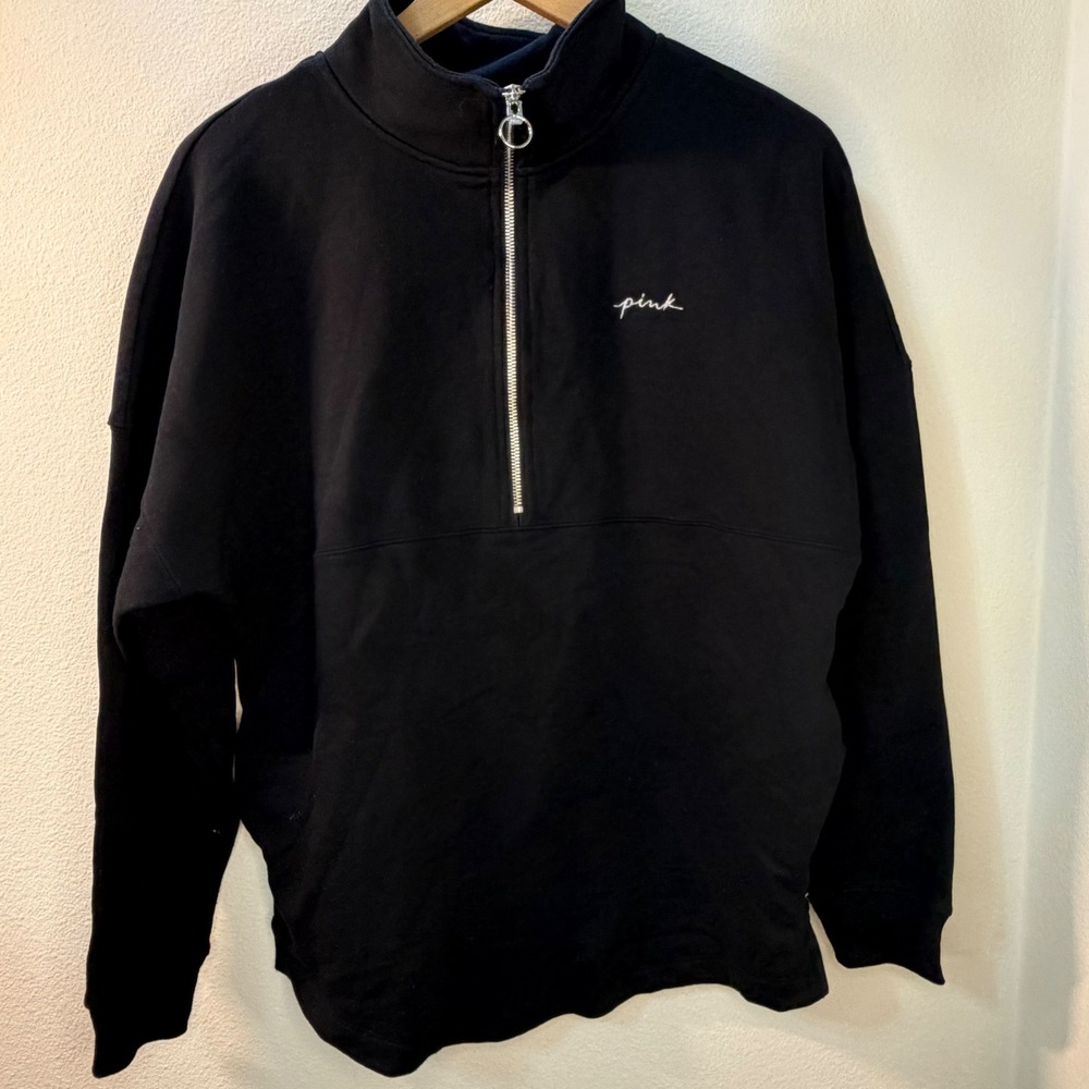 PINK by Victoria Secret Black‎ Quarter Zip Spirit Jersey Sweatshirt Womens XS